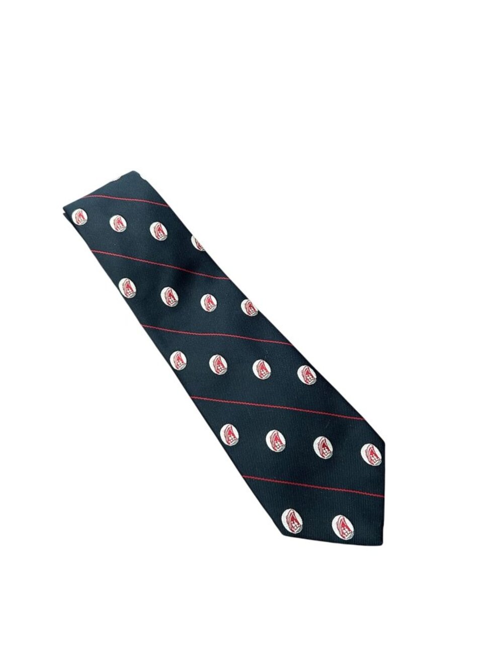Logo Ties OS Mens Navy Blue Tie Red Stripes Sailing Ship Motif Vintage Retro